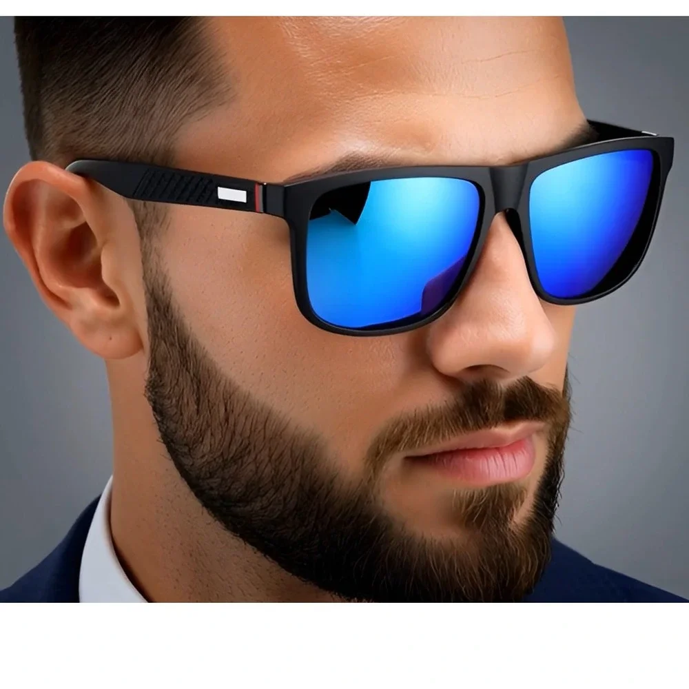 Polarized Sunglasses Men Driving Fishing Square Frame Blue Mirror Lens Gafas